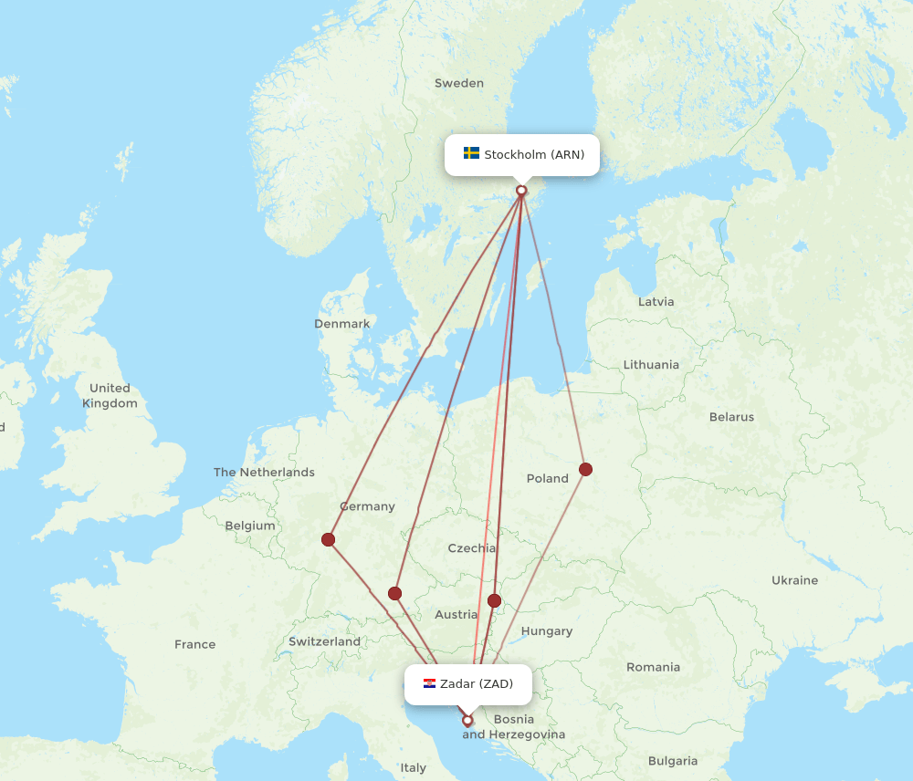 Zadar - Stockholm route map and flight paths