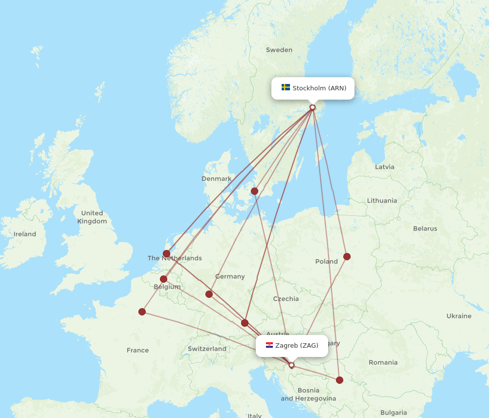Zagreb - Stockholm route map and flight paths