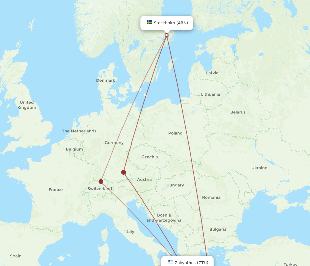 ZTH to ARN flights and routes map