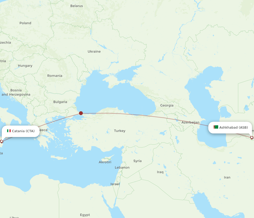 Catania - Ashgabat route map and flight paths