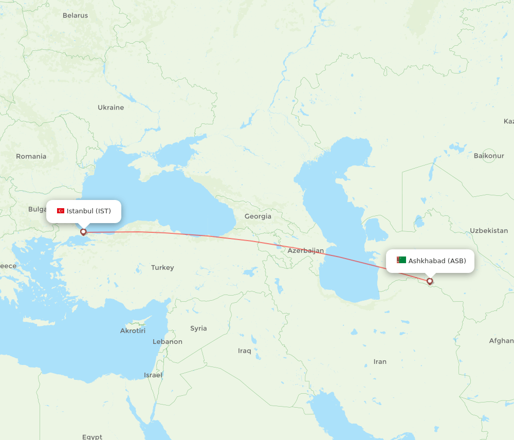 Ashgabat - Istanbul route map and flight paths