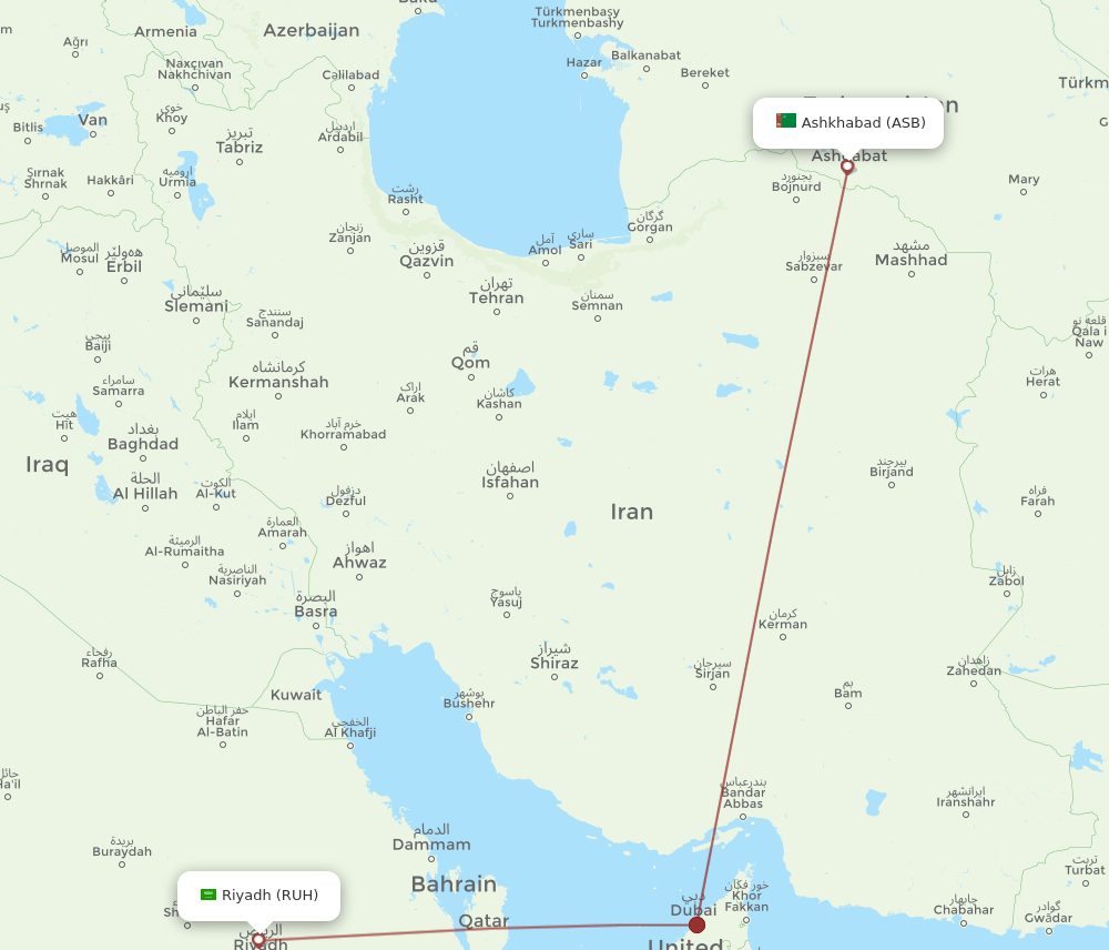 Riyadh - Ashgabat route map and flight paths