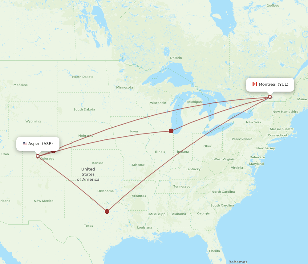 ASE to YUL flights and routes map