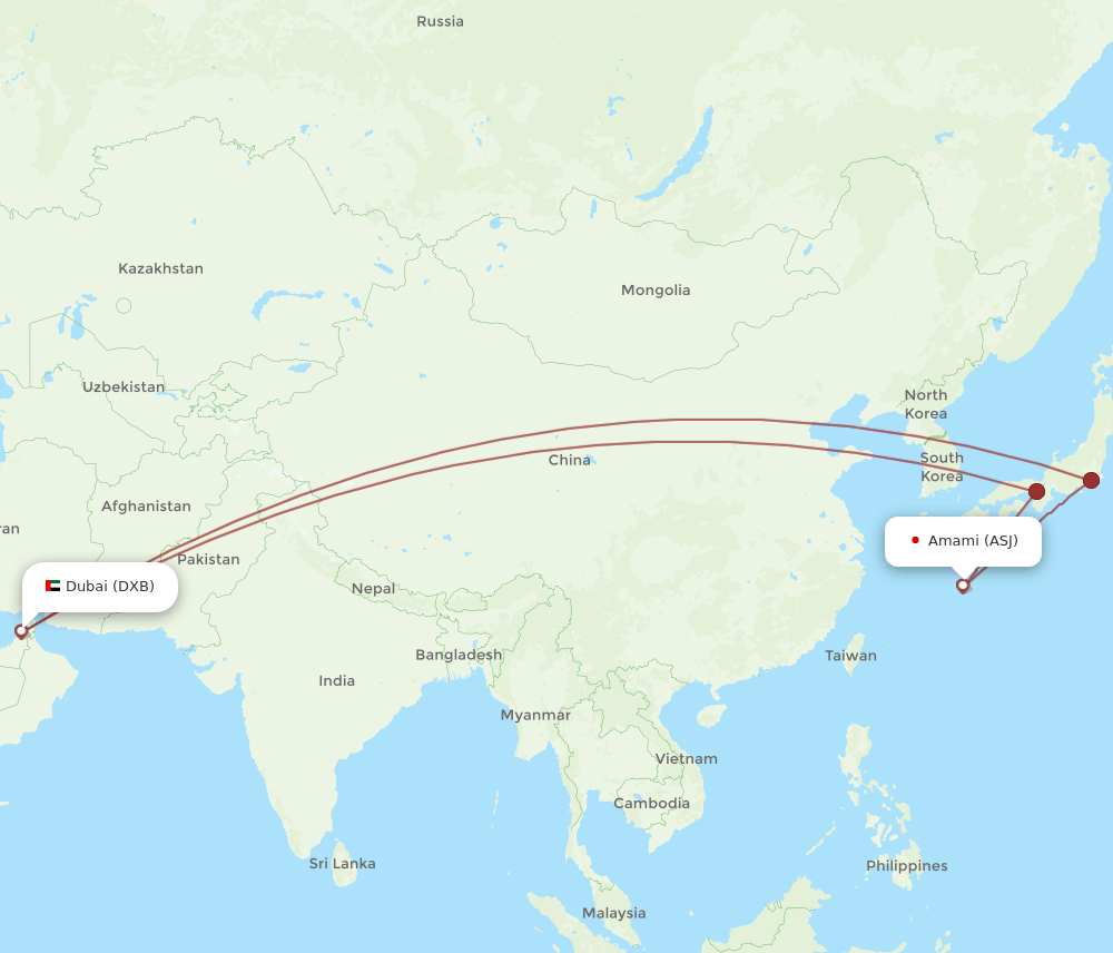 ASJ to DXB flights and routes map