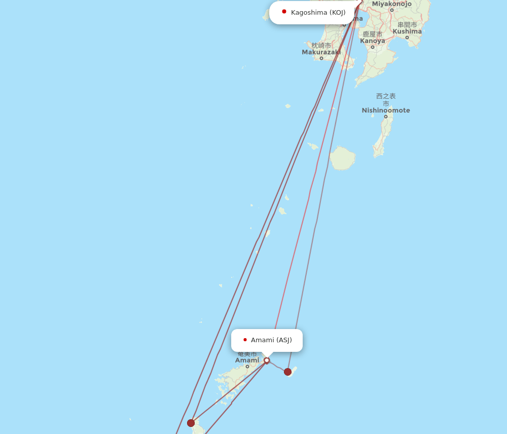 ASJ to KOJ flights and routes map