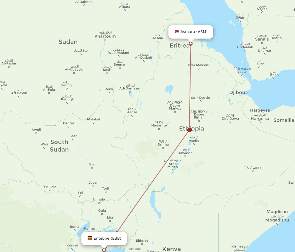 Asmara - Entebbe route map and flight paths