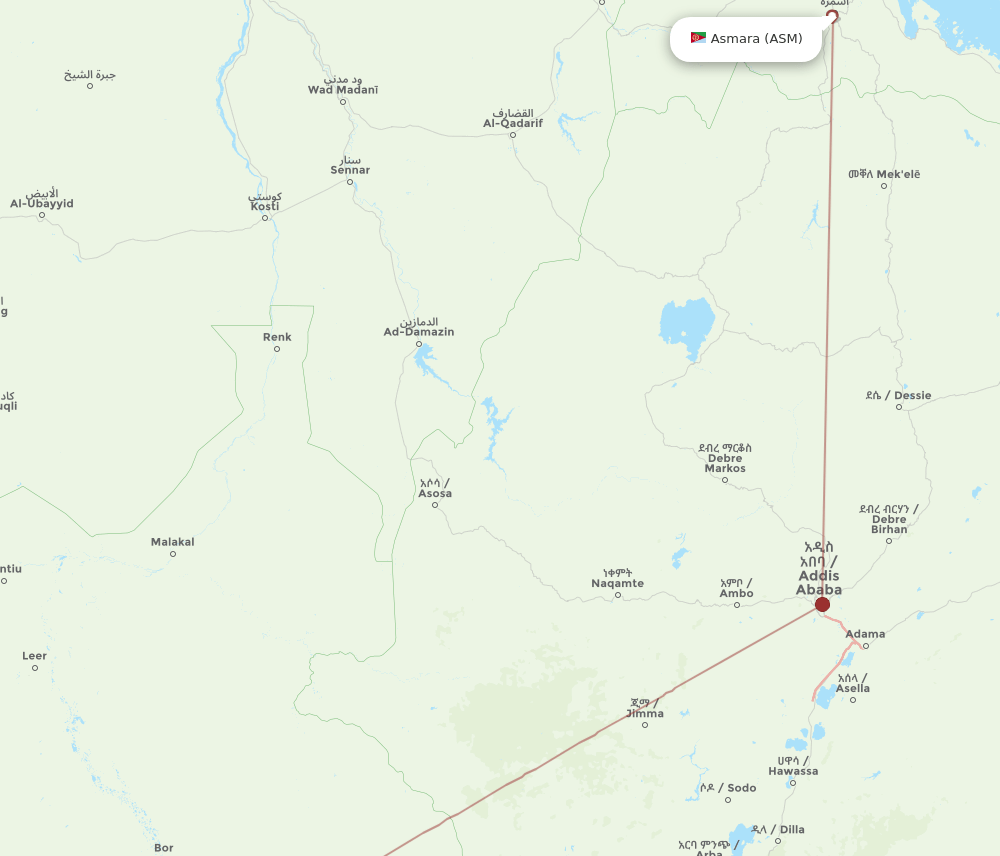 Asmara - Juba route map and flight paths