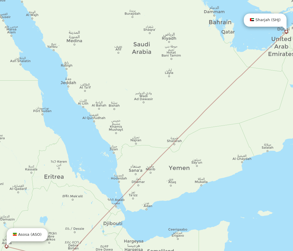 Sharjah - Asosa route map and flight paths