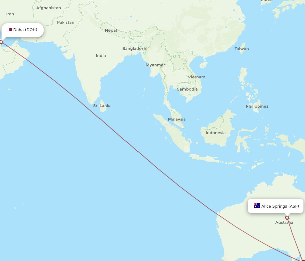 Doha - Alice Springs route map and flight paths