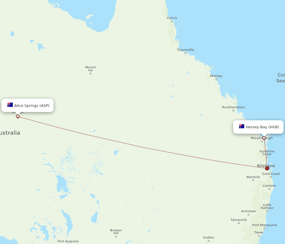 Alice Springs - Hervey Bay route map and flight paths