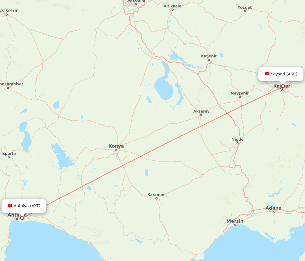 Kayseri - Antalya route map and flight paths