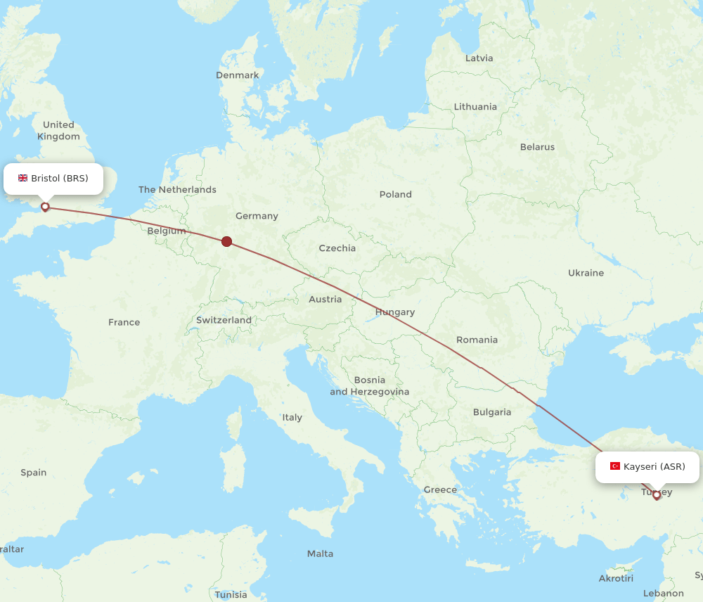 Bristol - Kayseri route map and flight paths
