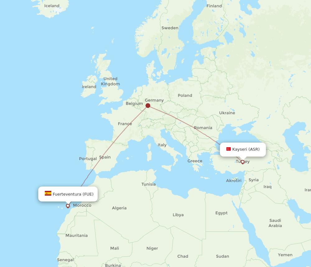Puerto del Rosario - Kayseri route map and flight paths