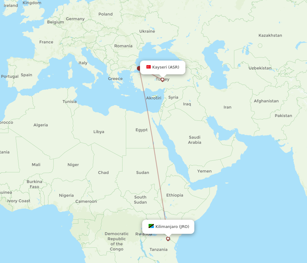 Kilimanjaro - Kayseri route map and flight paths