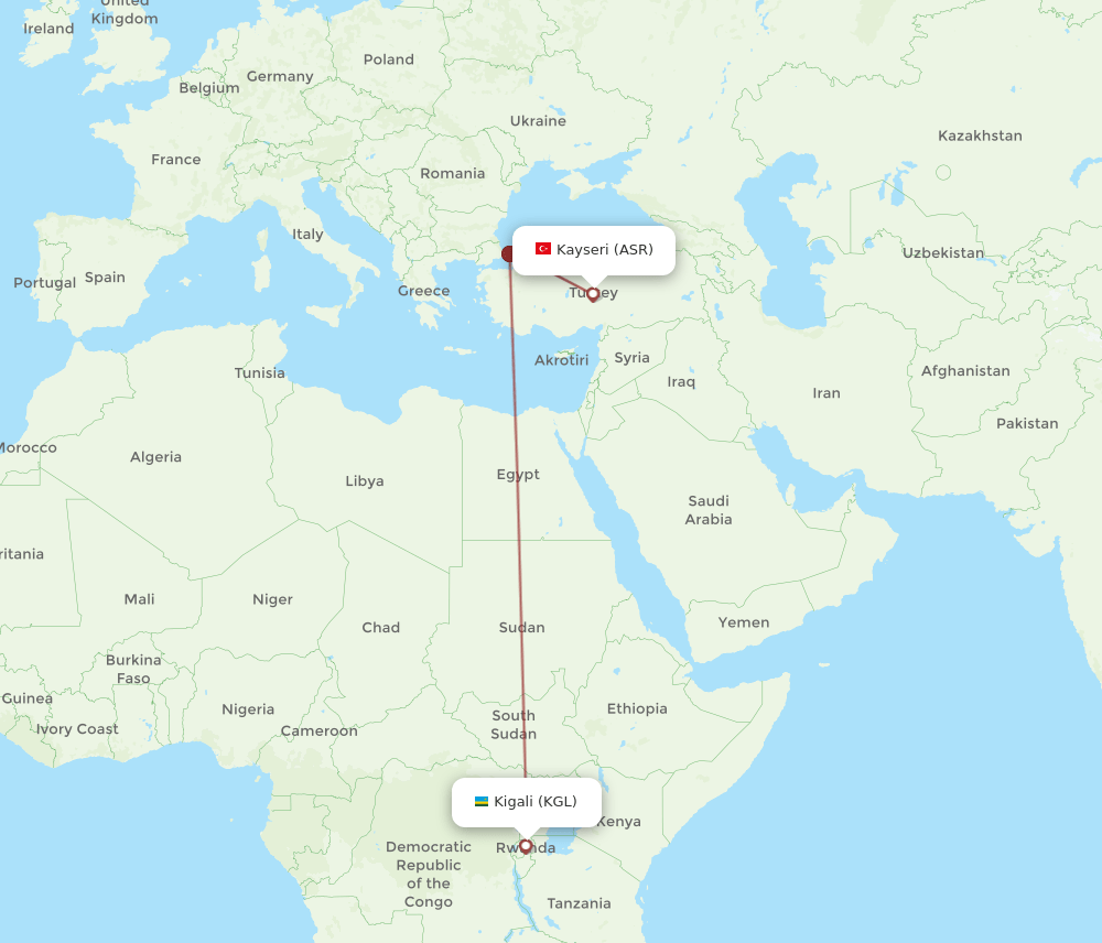Kigali - Kayseri route map and flight paths