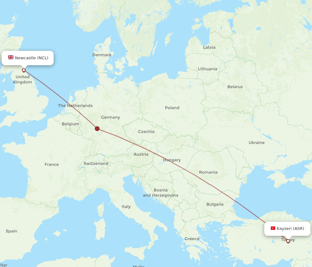 Newcastle - Kayseri route map and flight paths