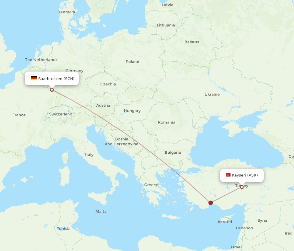 Saarbruecken - Kayseri route map and flight paths