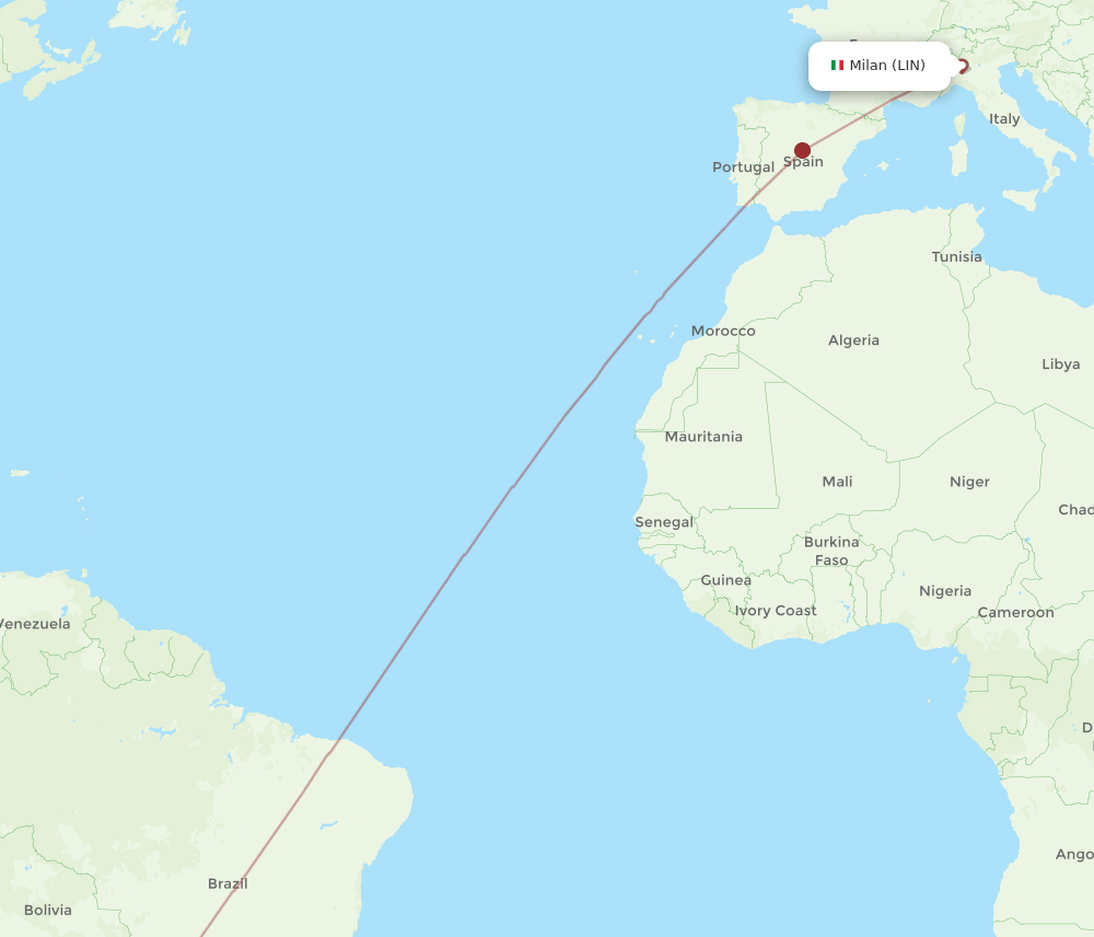 Milan - Asuncion route map and flight paths
