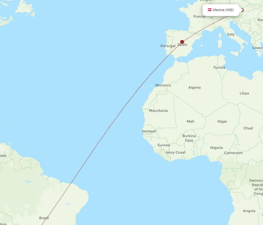 Vienna - Asuncion route map and flight paths