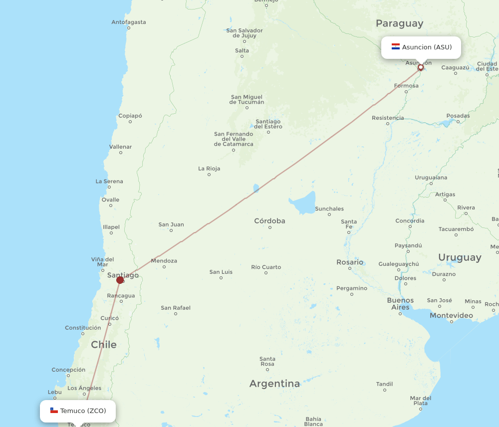 Temuco - Asuncion route map and flight paths