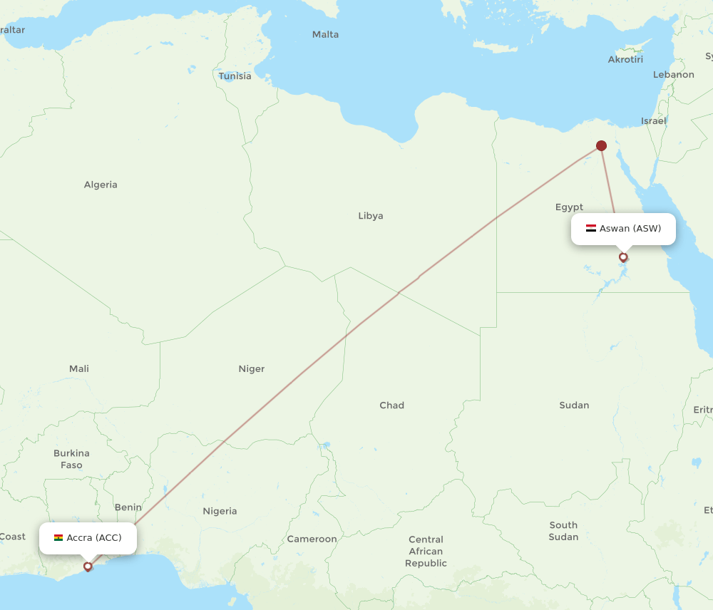 Accra - Aswan route map and flight paths