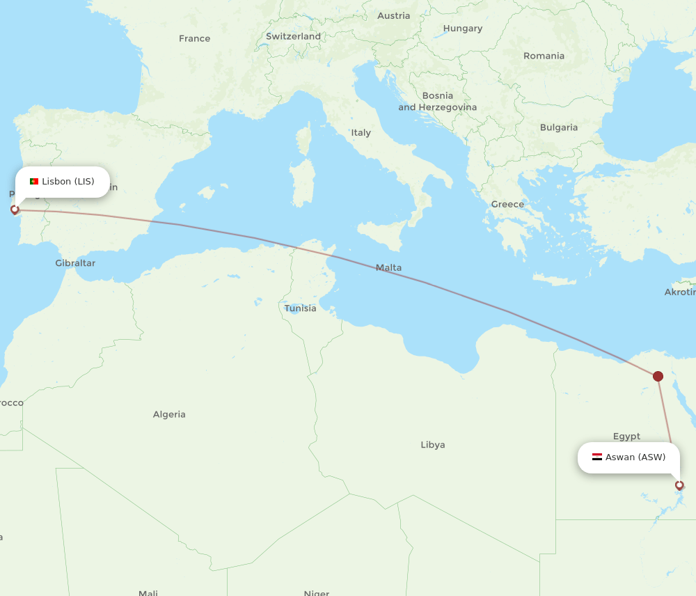 Lisbon - Aswan route map and flight paths