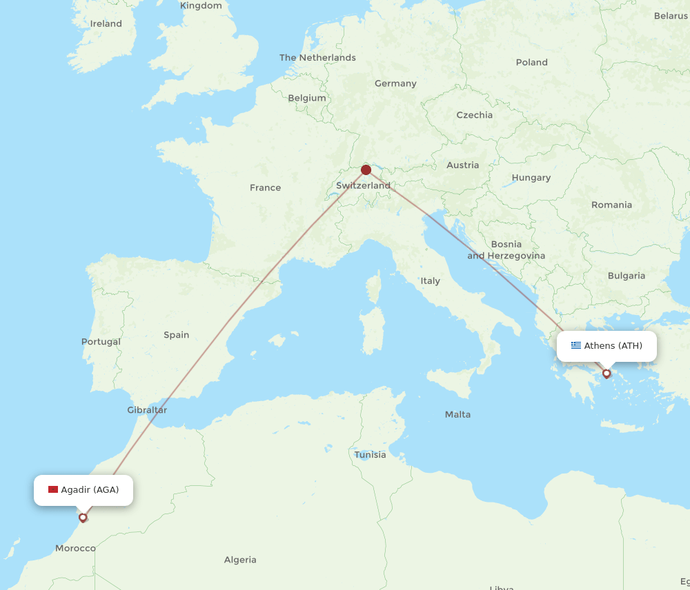 Agadir - Athens route map and flight paths