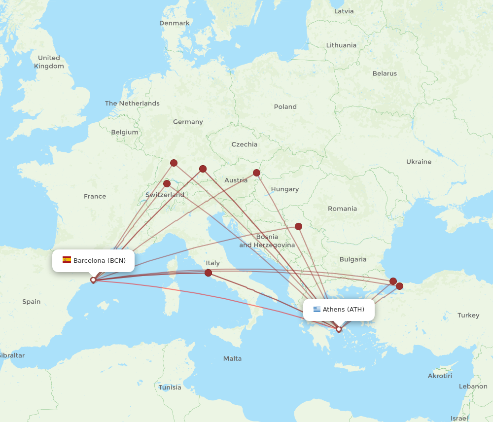 ATH to BCN flights and routes map
