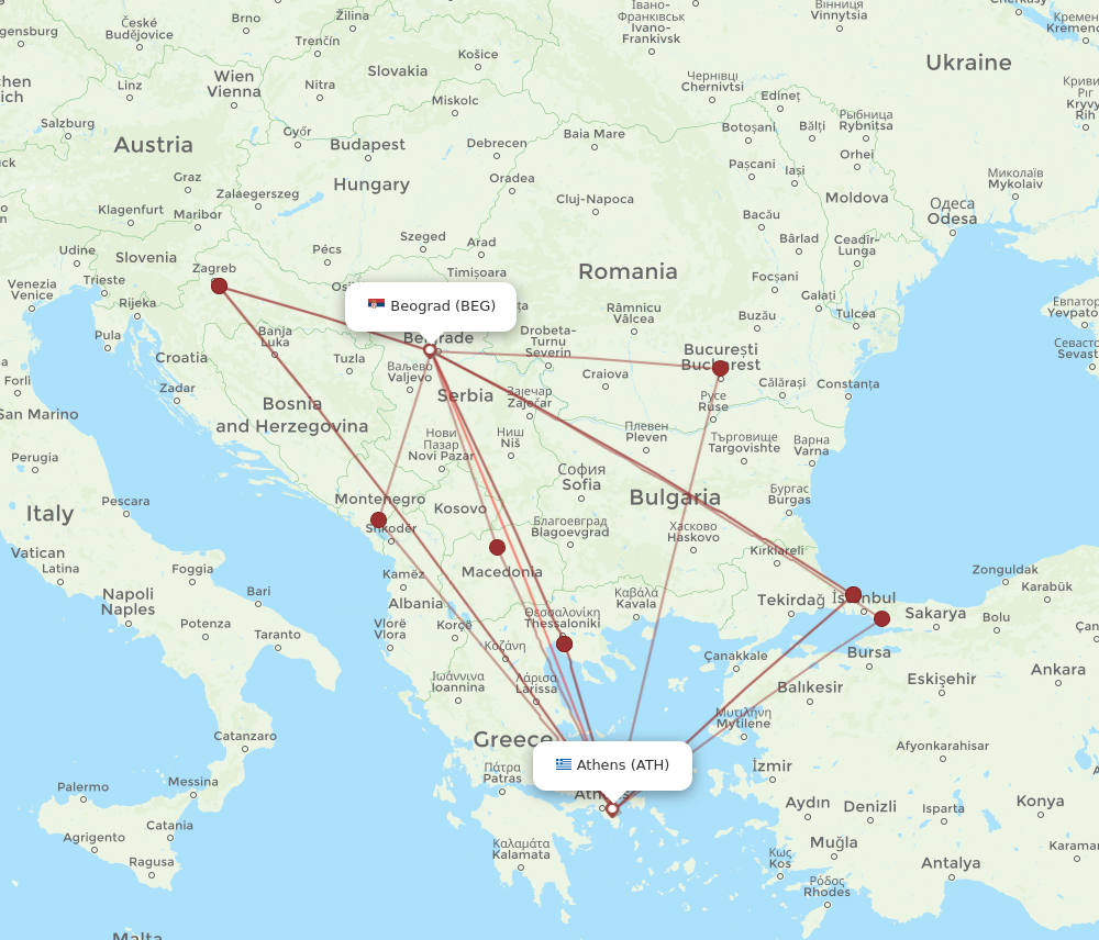 ATH to BEG flights and routes map