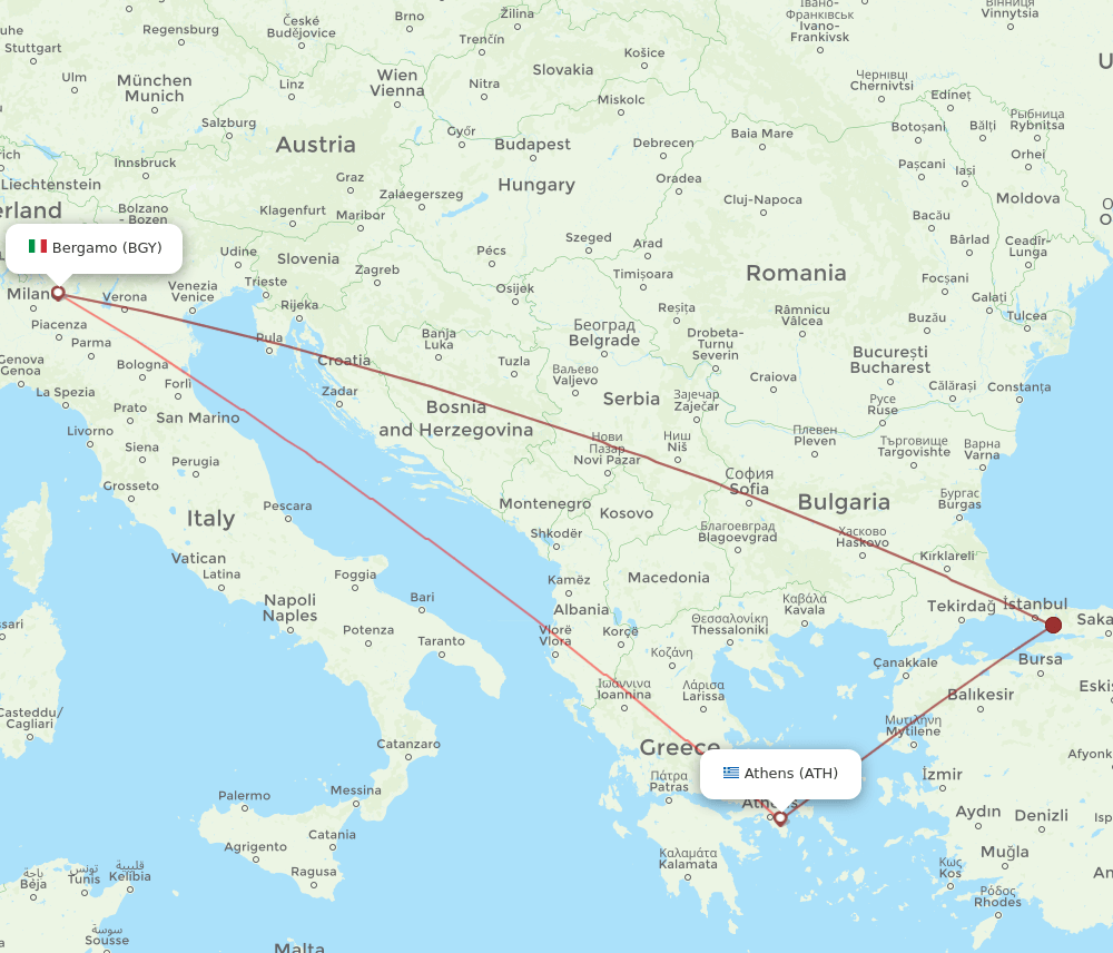 ATH to BGY flights and routes map