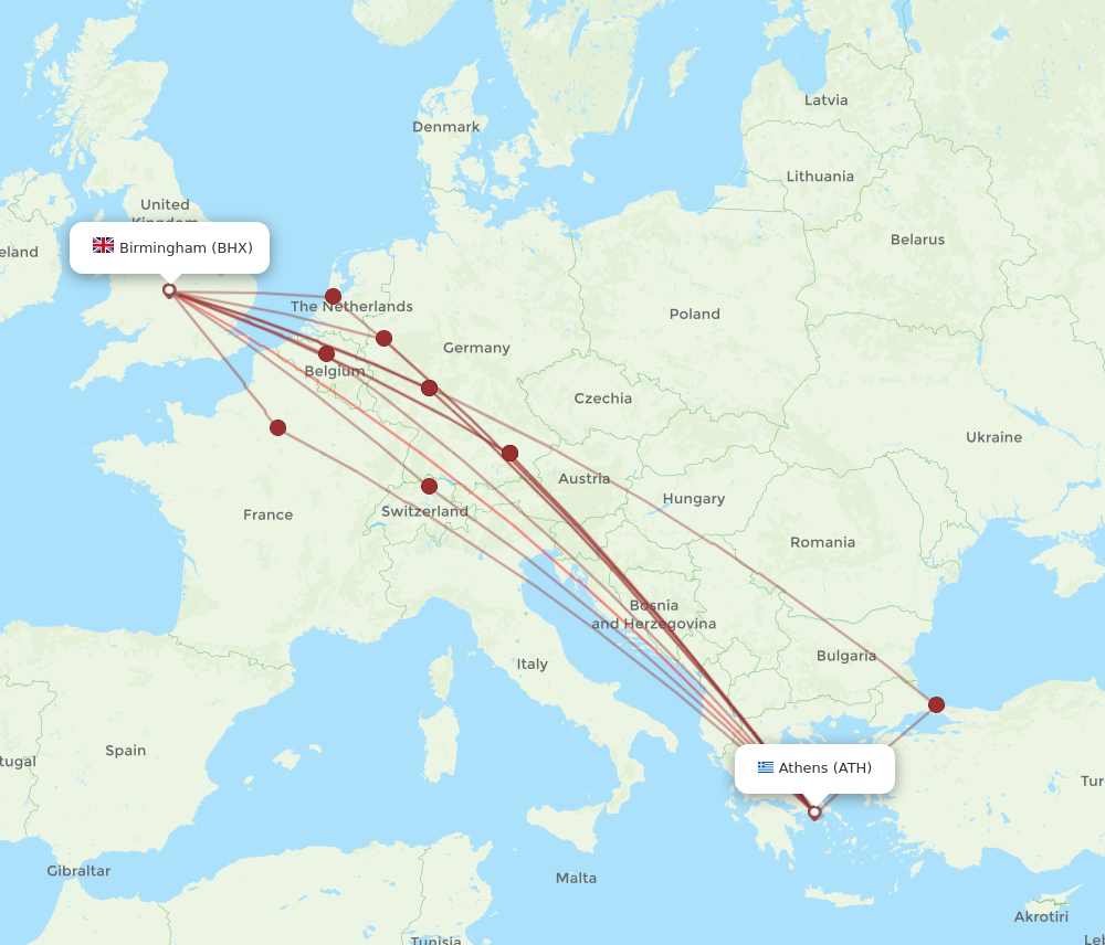 ATH to BHX flights and routes map