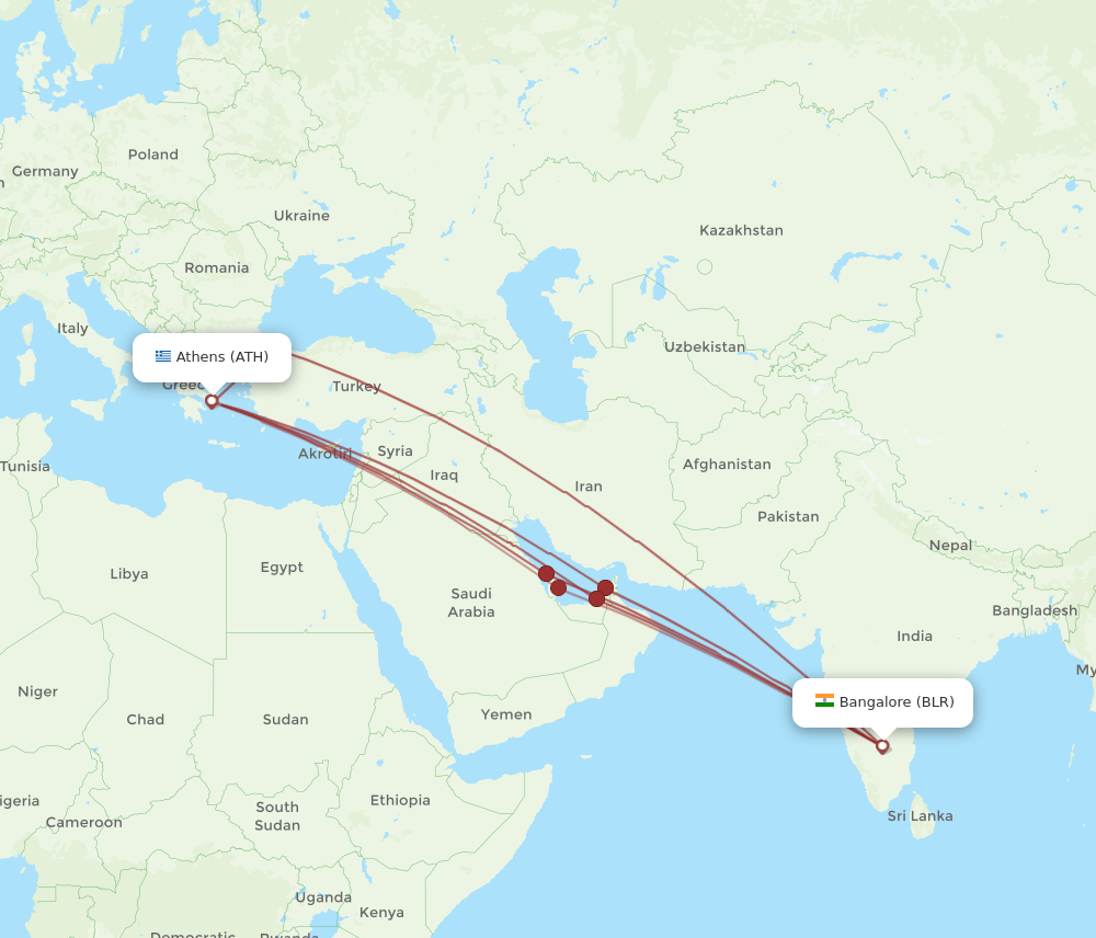 ATH to BLR flights and routes map