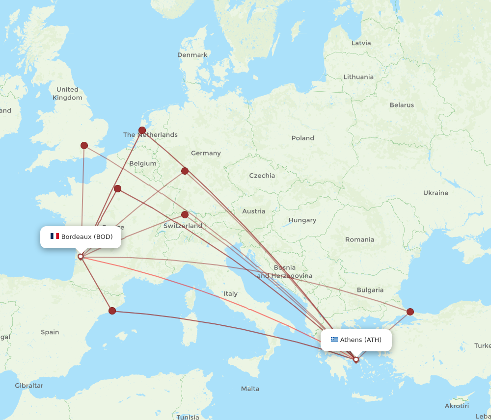 ATH to BOD flights and routes map