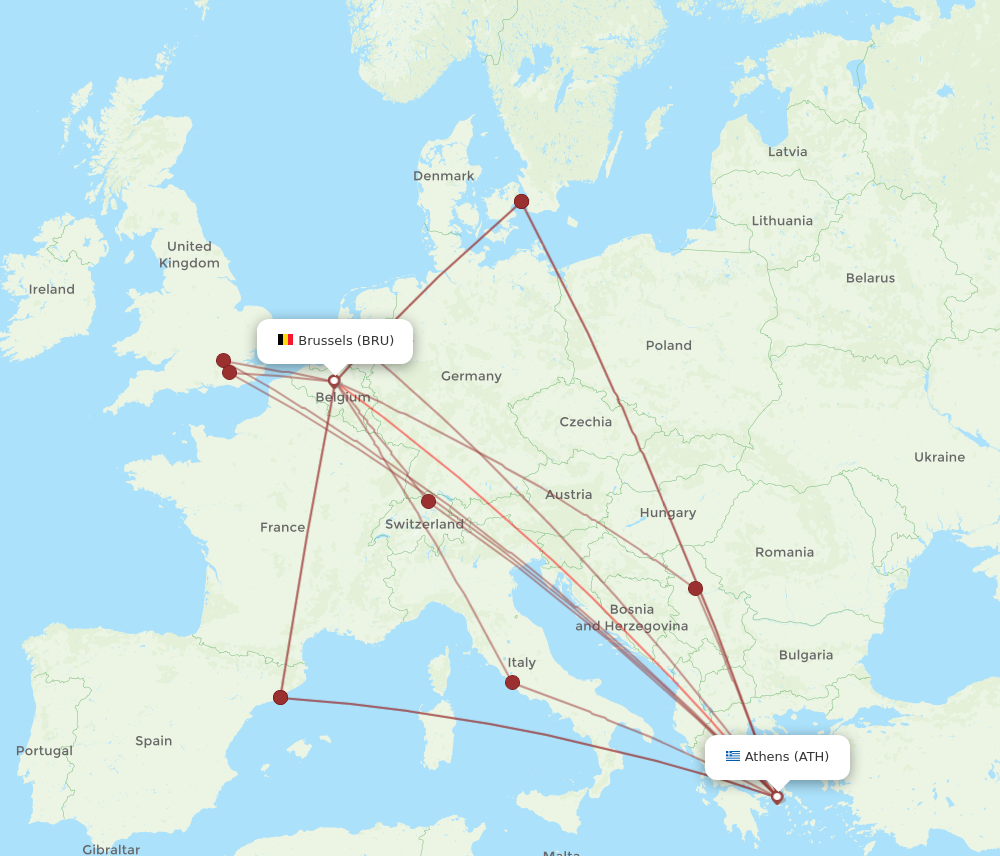 ATH to BRU flights and routes map