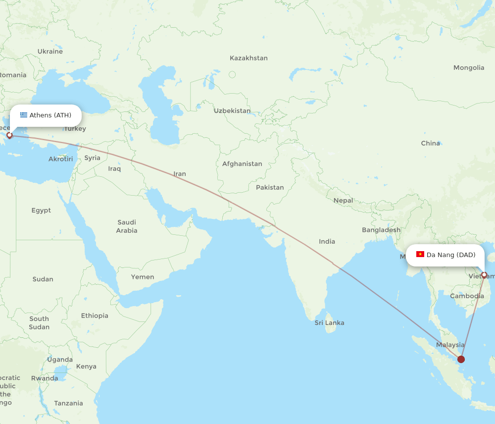 Da Nang - Athens route map and flight paths