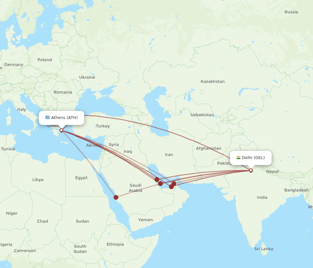 ATH to DEL flights and routes map