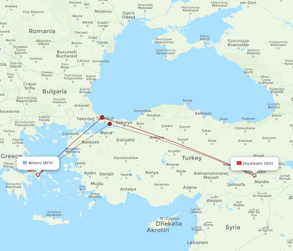 ATH to DIY flights and routes map