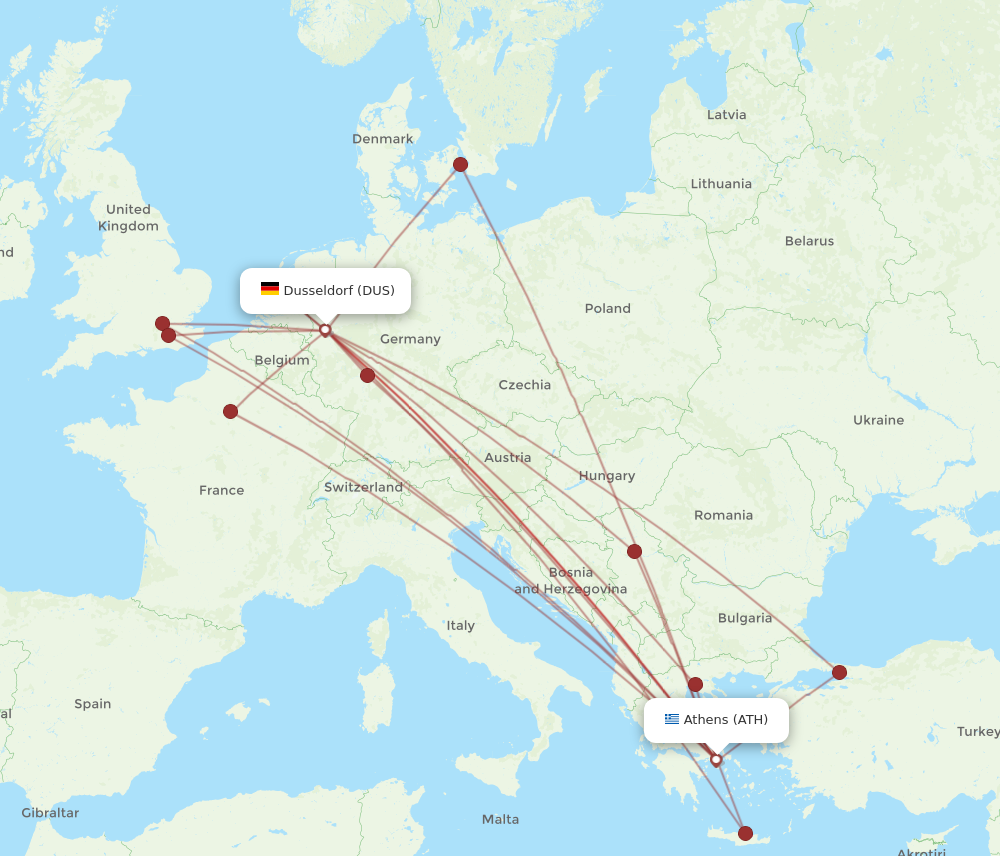 ATH to DUS flights and routes map