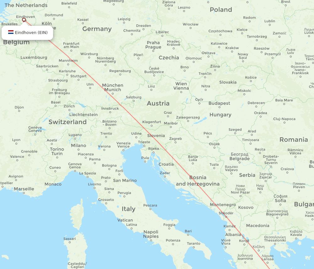 Athens - Eindhoven route map and flight paths