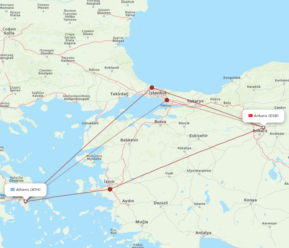 ATH to ESB flights and routes map