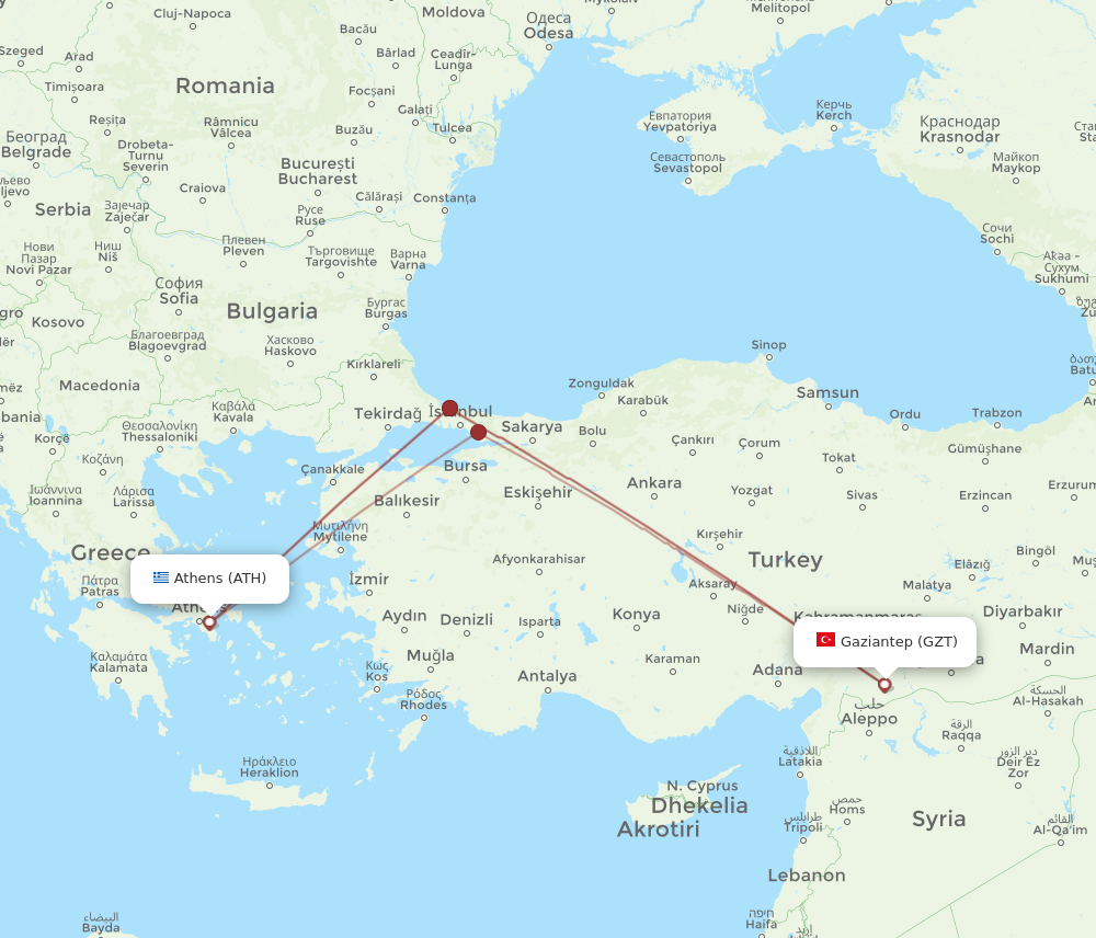 ATH to GZT flights and routes map