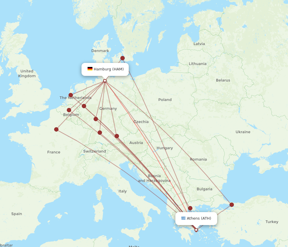 ATH to HAM flights and routes map
