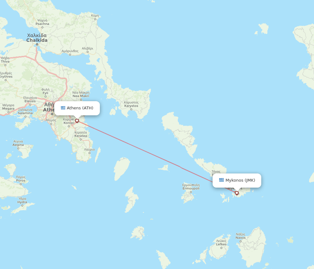 Athens - Mykonos route map and flight paths