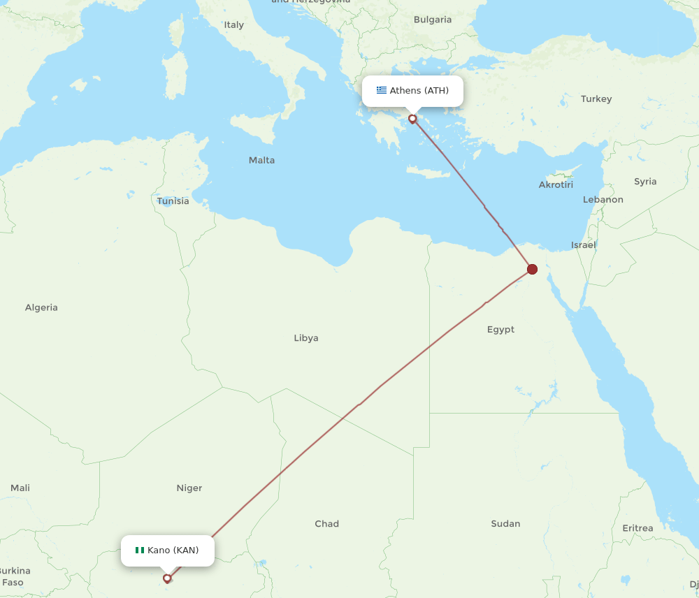 Athens - Kano route map and flight paths