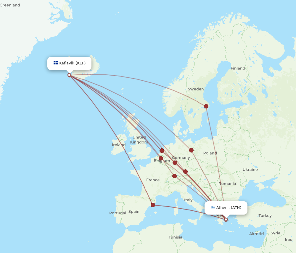 ATH to KEF flights and routes map