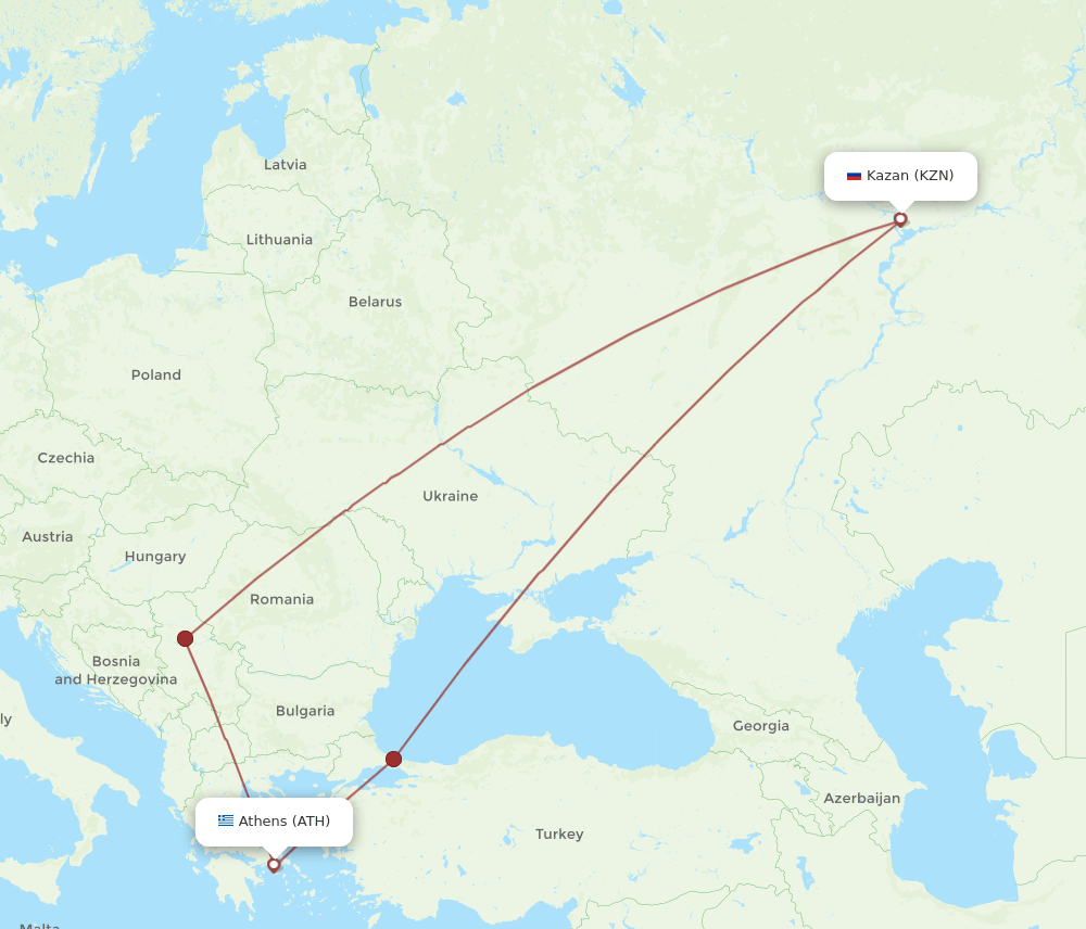 ATH to KZN flights and routes map