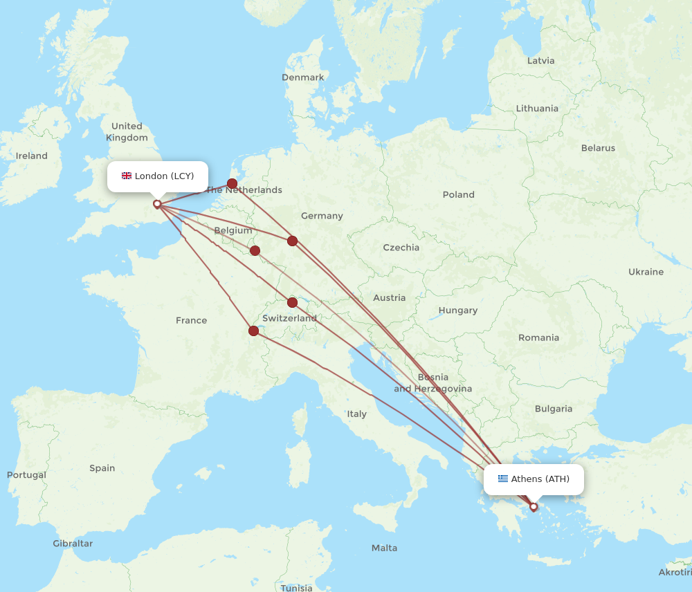 ATH to LCY flights and routes map