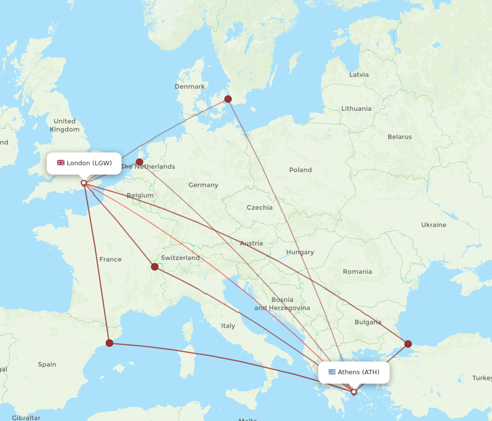 ATH to LGW flights and routes map