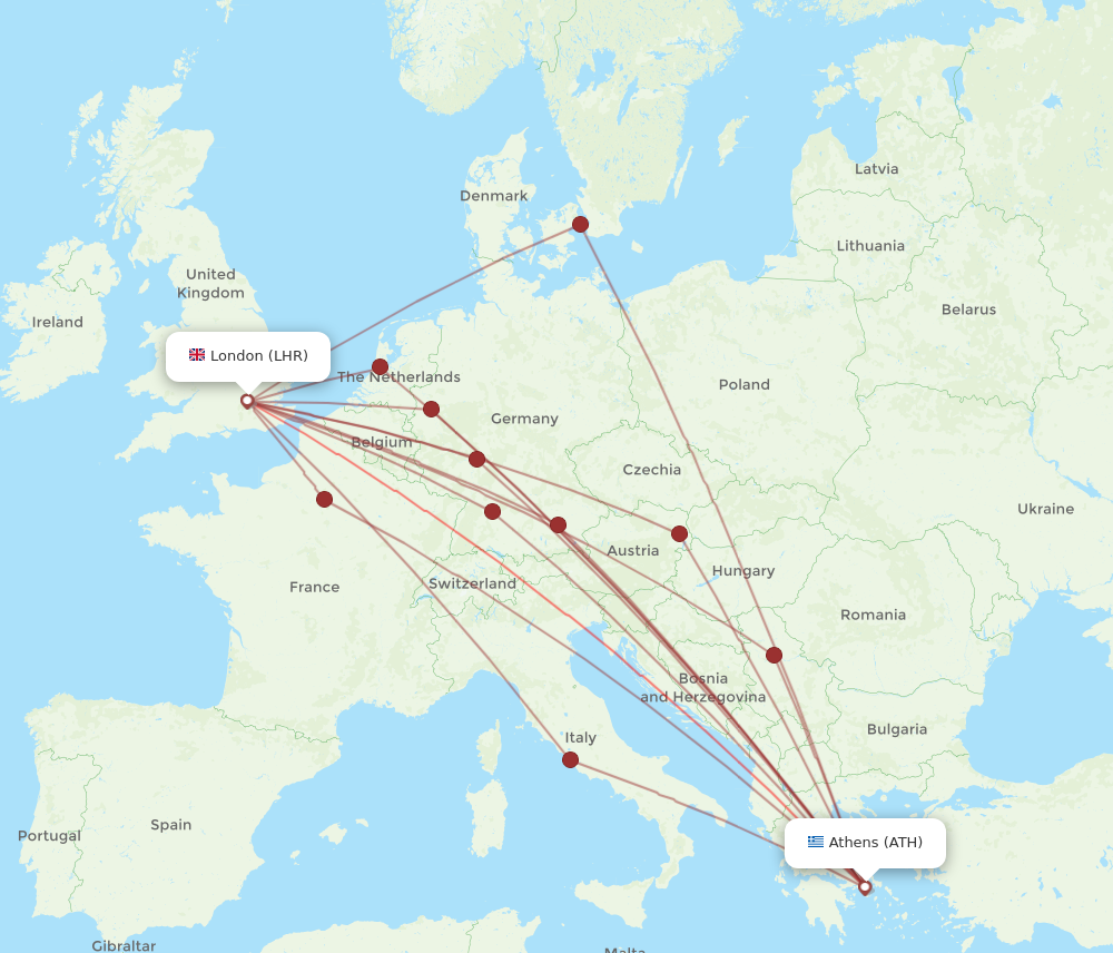 ATH to LHR flights and routes map