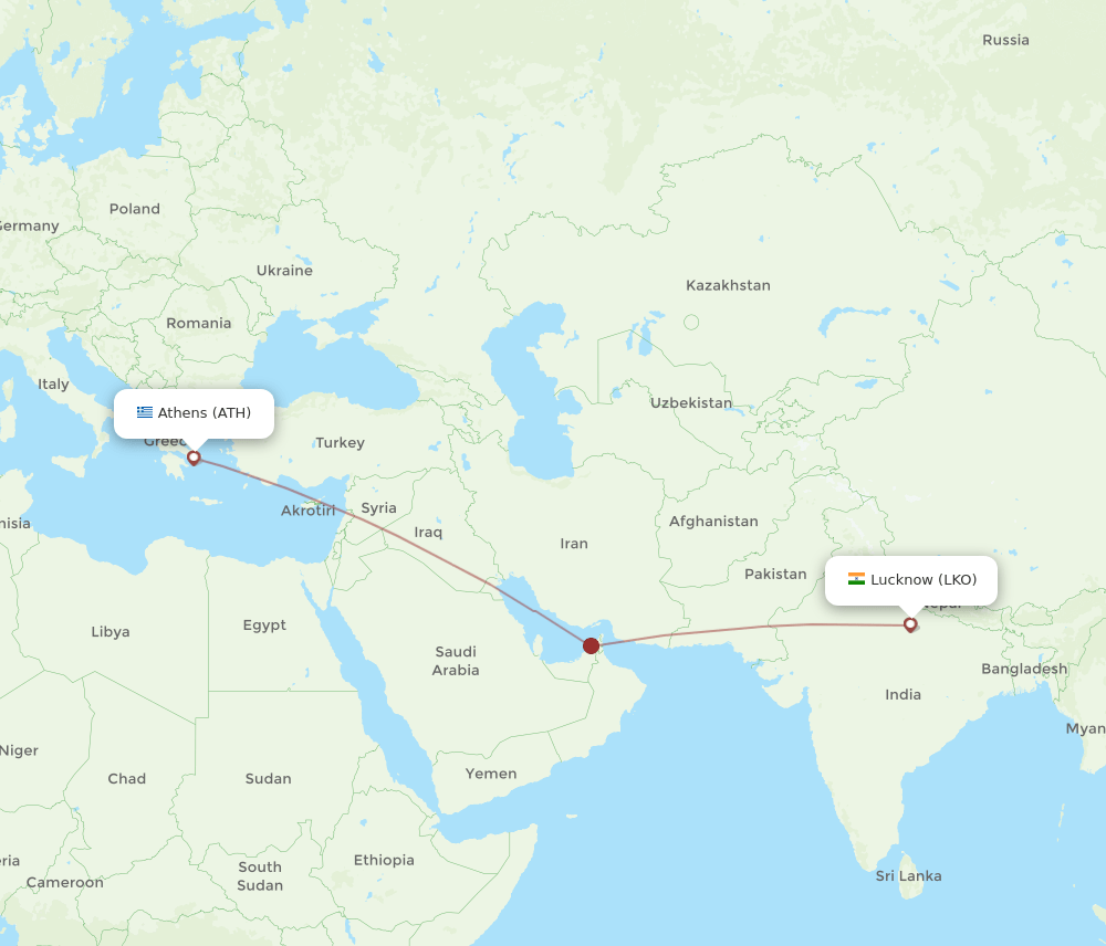 Lucknow - Athens route map and flight paths